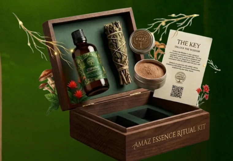 AMAZ Essence ritual kit in a wooden box with botanical oil, smudge bundle, cacao tin and a key card.