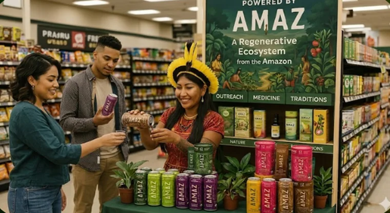Indigenous sampling in a store: a shopper tasting AMAZ products at an in-aisle display.