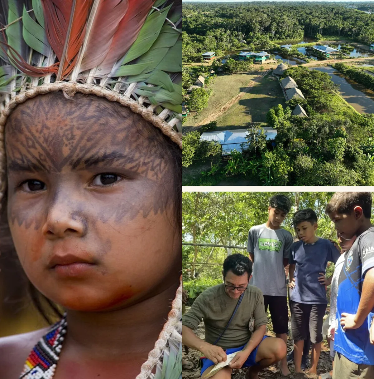 A young Indigenous child wearing a feathered headdress and traditional face paint; an aerial view of the Yorenka Tasorentsi center amid forest and ponds; an educator showing a notebook to a group of young people outdoors.