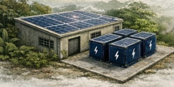 Renewable energy infrastructure — illustration of a solar-powered facility with battery storage