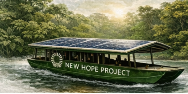Green logistics — illustration of a solar-powered river boat, the New Hope Project