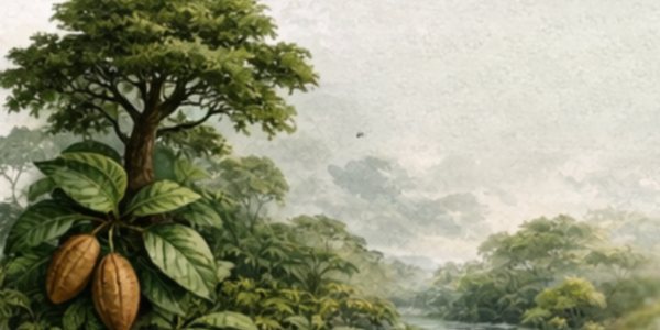 Regenerative bioeconomy — illustration of native cacao growing at the forest edge