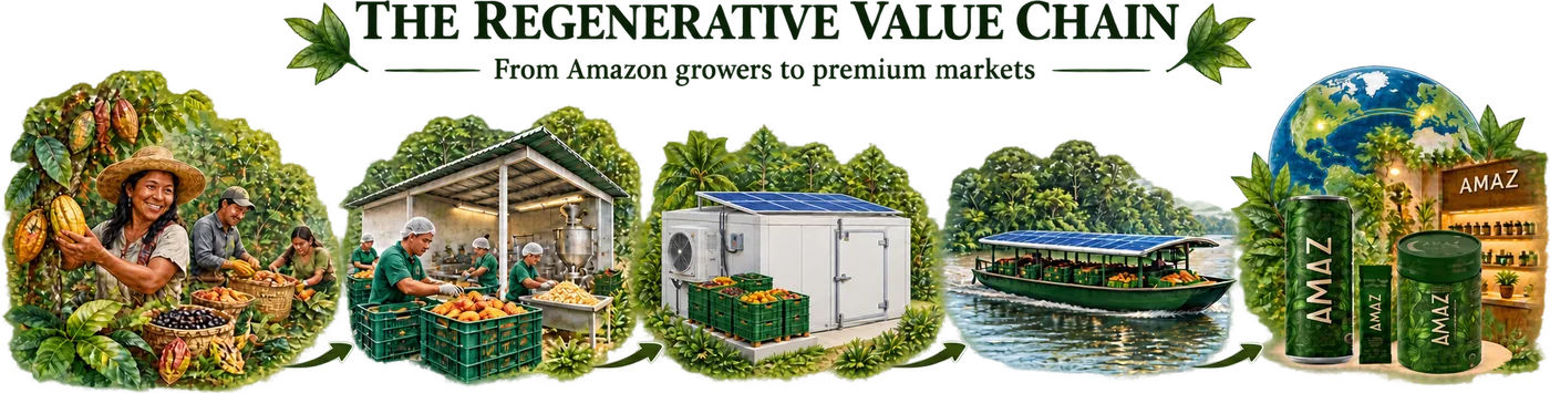 The Regenerative Value Chain, from Amazon growers to premium markets: Indigenous and local growers harvesting cacao and açaí, ingredient processing, a solar-powered cold-chain storage unit, a solar-powered electric river boat, and AMAZ products reaching global markets.