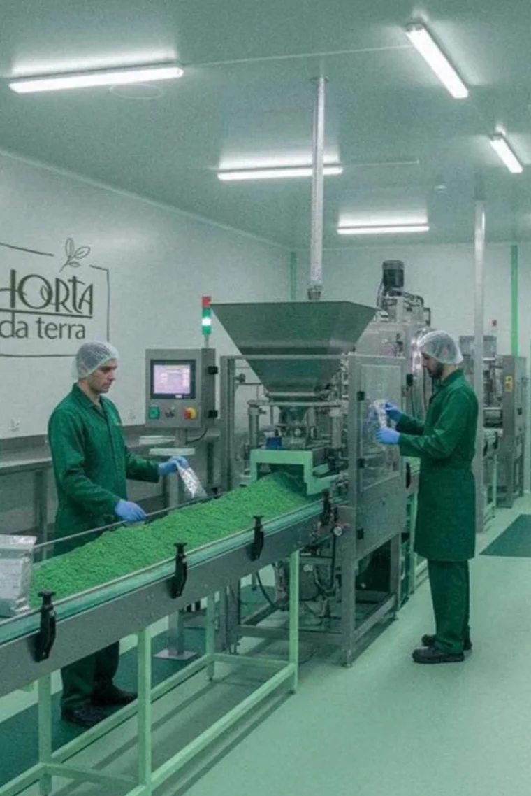 Workers in green uniforms and hairnets operating an ingredient-processing line at Horta da Terra.